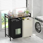 Huhote Double Compartment Laundry Basket, Laundry Sorter with Top Shelf, 2 Removable Washable Bags, Side Pockets, Black & White - Image 2