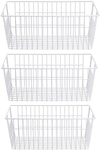 SANNO Freezer Baskets Wire Storage Baskets Closet Storage Baskets Bins Refrigerator Storage Containers for Home Office, Bathroom, Pantry Organization Storage Bins -Set of 3, White, 15.7" by SANNO
