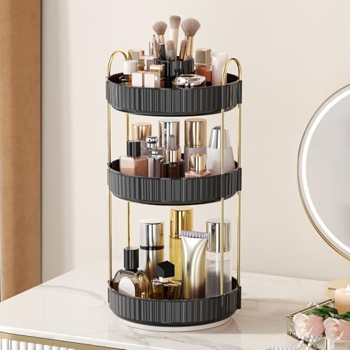 360° Rotating Makeup Organizer, Upgraded 3 Tier Skincare Perfume Organizers for Women, Bathroom Organizer Countertop, Clear Cosmetic Dresser Organizer with Makeup Brush Holder, Sink&Counter(Black) by Homelifeassistant
