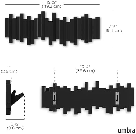 Umbra Sticks Wall Mount Coat Rack, 5 Hook Retractable Pegs, Black - Image 3