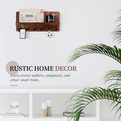 Nekon Key Holder for Wall with Shelf, Pine Wooden Key Hanger, Brown - Image 5