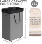 CHICVITA 75L Slim Laundry Basket with Wheels & Wash Bag, Light Grey - Image 3