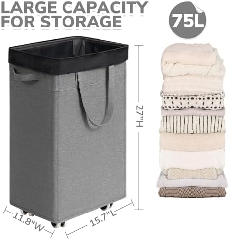 CHICVITA 75L Slim Laundry Basket with Wheels & Wash Bag, Light Grey - Image 3