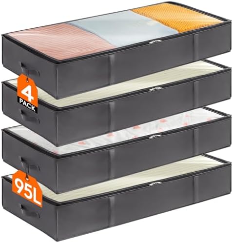 Lifewit 95L 4 Pack Under Bed Storage Containers, Large Capacity Blanket Storage Bags with Reinforced Handle, Organization and Storage for Comforters, Sheets, Clothes, Bedroom, College Dorm, Grey by Lifewit