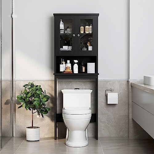 Over The Toilet Storage Cabinet for Bathroom, Black Storage Organizer Over Toilet, Space Saver with 2 Tempered Glass Doors, Black by Meilocar