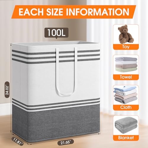 2 Pack Large Home Laundry Basket, Laundry Hamper, Freestanding Waterproof Dirty Clothes Bag, Tall Clothes Hamper - Extended & Reinforced Handles for College Dorm, Family (Light Grey/100L) - Image 2
