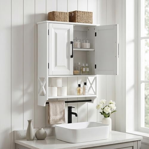 Bathroom Wall Cabinet, 25"x19" Farmhouse Wall Mounted Medicine Cabinet with 2 Raised Panel Doors, Adjustable Shelf & Towel Bar–Over Toilet Storage Organizer for Laundry Room, Entryway or Small Spaces - Image 6