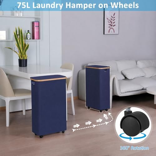 efluky Slim Laundry Hamper with Wheels, Narrow Laundry Basket with Lid and Removable Bag, Aesthetic Dirty Clothes Hamper on Wheels for Laundry Room, Bedroom, Dorm and Bathroom, 75L Beige - Image 2