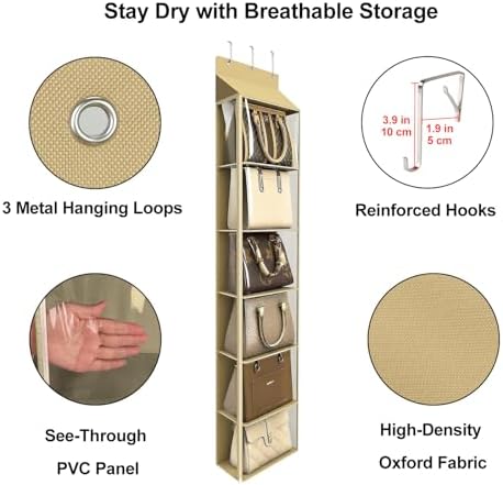 Lirex Over The Door Purse Organizer & Purse Shelf for Closet – Handbag Storage Organizer with Purse Hanger. Perfect for Scarves, Hats, and Leggings. S (11.8'' x 5'' x 51.6''), Khaki - Image 3