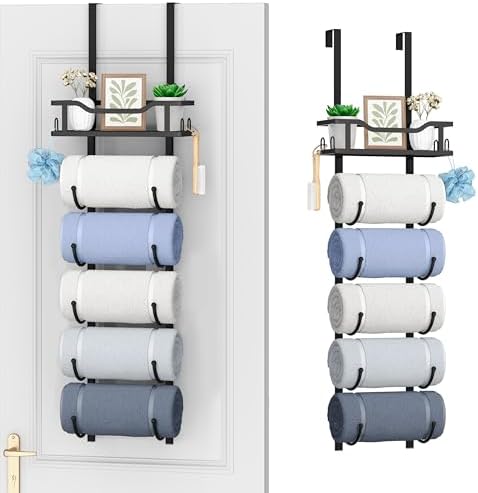SWTYMIKI Over the Door Towel Rack - 6 Tier Towel Racks for Bathroom Wall Mounted, Towel Holder with Shelf, Hanging Rolled Towel Storage Organizer for Small Bathroom, Camper, RV, Black by SwtyMiki-TidyHomeSweetLife