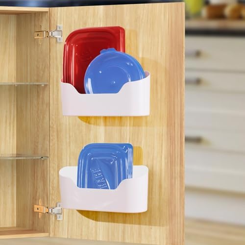 2 Pack Lid Organizers Inside Cabinet, No Drilling Adhesive Over Door Organizer, Cabinet Door Organizer Bin Holder Caddy, Over Cabinet Organizer Storage Lid Organizer for Kitchen(White) by ROLIZOE