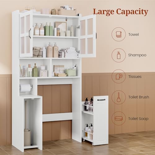 UPOSOJA Over The Toilet Storage Cabinet with Pulley Small Bathroom Storage Cabinet, Space Saver W/Adjustable Shelf & Glass Doors for Bathroom, Restroom, Laundry (Frosted Mirror-Type B) - Image 5