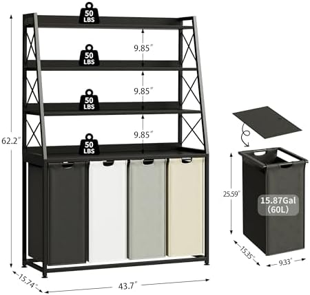 Herture Laundry Basket, 4 Section Laundry Hamper with 4 Tiers Shelf, Pull-Out and Removable Laundry Bags, Large 4 x 15.87 Gallons, for Laundry Room Bathroom Black PF12XLK - Image 3