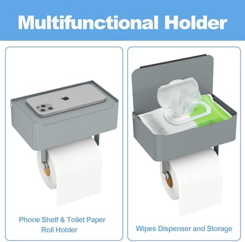 JUYSON Toilet Paper Holder, Toilet Paper Holder with Shelf, Grey - Image 3