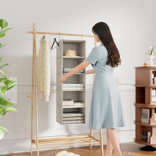 Hanging Closet Organizer 5-Tier, Oxford Wardrobe Storage, Beige Houndstooth | Easy-mount foldable design holds clothes, handbags, shoes & accessories; washable Oxford fabric, sturdy and space-saving. - Image 2