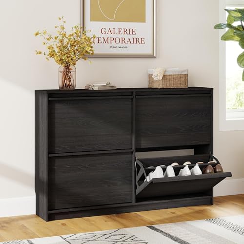 Shoe Cabinet with 4 Flip Drawers, Modern Narrow Shoe Storage Cabinet Organizer with Adjustable Shelf, Hidden Freestanding Shoe Rack for Entryway, Hallway, Living Room, Black - Image 3