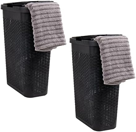 Mind Reader Slim Laundry Hamper with Lid, 40L Clothes Basket, Narrow Tapered Design with Ventilated Cutout Pattern, Plastic, Set of 2, Black by MindReader