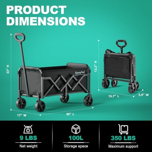 SUNNYFEEL Lightweight Folding Wagon Cart, 350LBS Portable Wagon Carts Foldable for Shopping Camping Garden Beach,Black - Image 2
