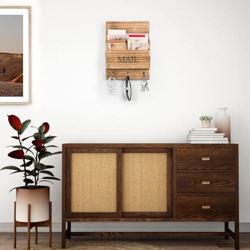 Rustic Wood Mail Organizer with Key Holder - Wall Mounted Vintage Mail Sorter & Entryway Organizer (3 hooks) - Image 4