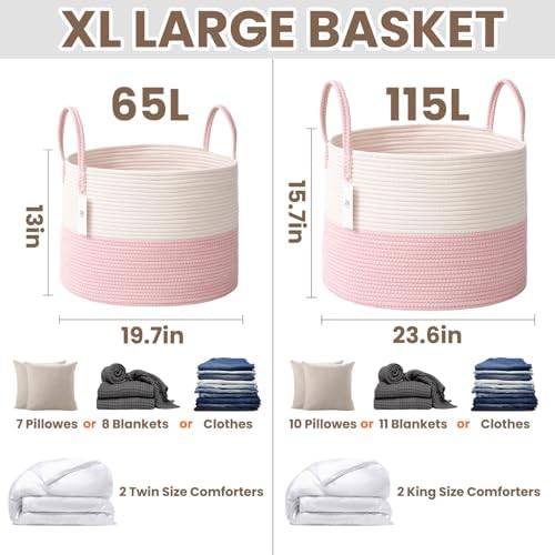 JMvicyroam 65L Extra Large Machine Washable Cotton Rope Blanket Basket - Image 3