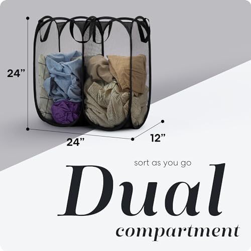Handy Laundry Double Pop Up Hamper, 2 Section Mesh Basket, Black - Image 2
