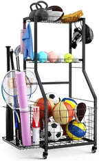 Sports Equipment Garage Organizer,Garage Ball Storage Rack for Sports with Wheels-Upgraded 3 Layers Sports Organizer Rack Outdoor Basketball Racks for Balls with Holder and Hooks by DUDUXI