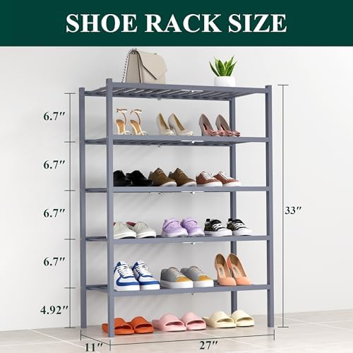 Smiry Bamboo Shoe Rack, 14 Vertical Slats, 5 Tier - 26.8" Wide, Grey - Image 2
