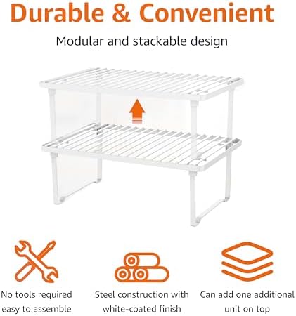 Amazon Basics Space-Saving Stackable Metal Kitchen Cabinet Organizer Shelves for Dishes, Pantry Organization, 12.5" L x 8" D x 4.5" H, Set of 2, White - Image 3