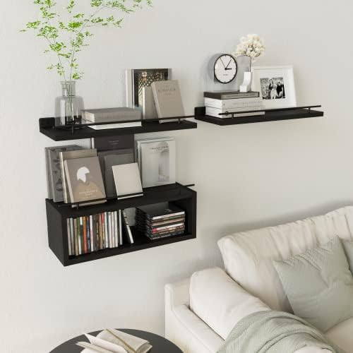 WOPITUES Floating Shelves for Wall with Cube Shelf, Wall Shelves with Metal Rail for Bathroom Decor, Bathroom Organizers and Storage, Over Toilet Shelves for Toilet Paper-Black (Pack of 2) - Image 5