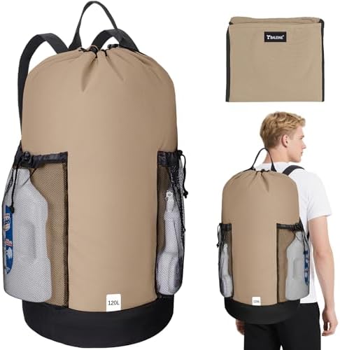 BALEINE 120L Laundry Bag Backpack, 900D Oxford Fabric Large Travel Laundry Bags with Shoulder Straps and 2 Mesh Pockets for College Dorm, Apartment, Laundromat (Khaki, 120L) by BALEINE