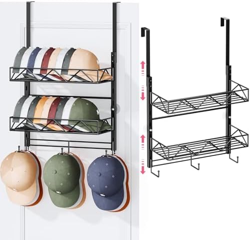 SWTYMIKI Over Door Hat Organizer - 3 Tier Wall Mounted Hat Rack with 2 Adjustable Metal Basket and 3 Hooks, Hanging Baseball Cap Organizer Storage Holds up to 29 Caps for Door, Bedroom, Closet by SwtyMiki-TidyHomeSweetLife