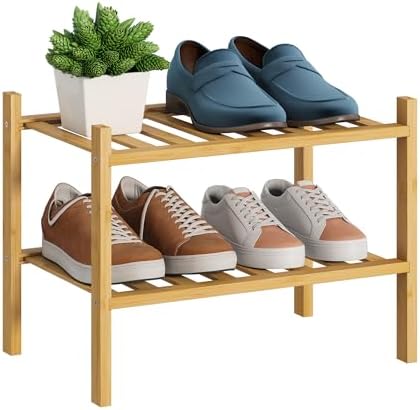 BMOSU 2-Tier Bamboo Small Shoe Rack Premium Stackable Shoe Shelf Storage Organizer for Hallway Closet Living Room Entryway Organizer (Natural Bamboo) by BMOSU