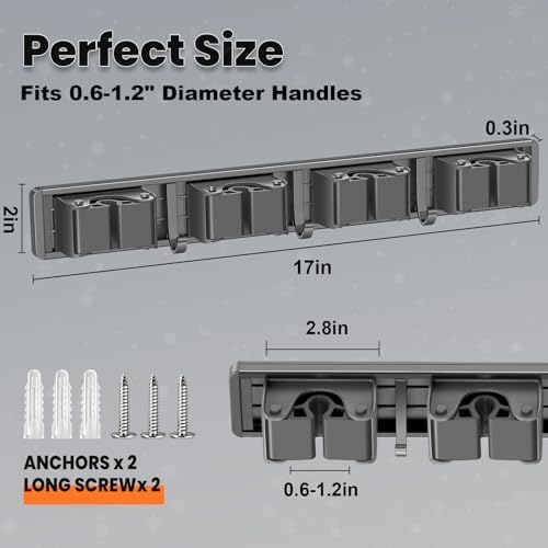 Broom Holder Wall Mount, Mop and Broom Hanger Wall Mount for Organizing and Storing Items in Household Kitchens, Gardens, Laundries (4 Racks & 3 Hooks, Grey) - Image 3