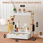 2 Tier Bathroom Counter Organizer with Drawer & Basket, Wooden Vanity Tray Countertop Shelf Accessories for Makeup Storage, Coffee Bar Station, Perfume Skincare, Kitchen, Bedroom (White) - Image 2