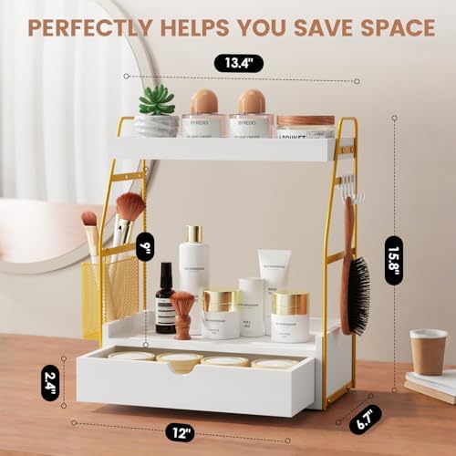 2 Tier Bathroom Counter Organizer with Drawer & Basket, Wooden Vanity Tray Countertop Shelf Accessories for Makeup Storage, Coffee Bar Station, Perfume Skincare, Kitchen, Bedroom (White) - Image 2