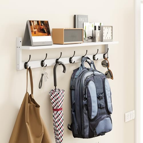 BAMEOS 35" L Wall Hooks with Shelf, Entryway Coat Hooks, Wood Wall Hanging Shelf, Wall-Mounted Coat Rack with 7 Dual Metal Hooks for Bathroom, Kitchen, Living Room, Bedroom (White) - Image 6