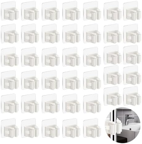 3-H 40 Pack Self Adhesive Broom Holder Wall Mount - Heavy Duty No Drill Broom Organizer for Garage Closet Kitchen, Plastic Storage Rack for Brooms Mops Tools, Peel and Stick Adhesive, White by 3-H