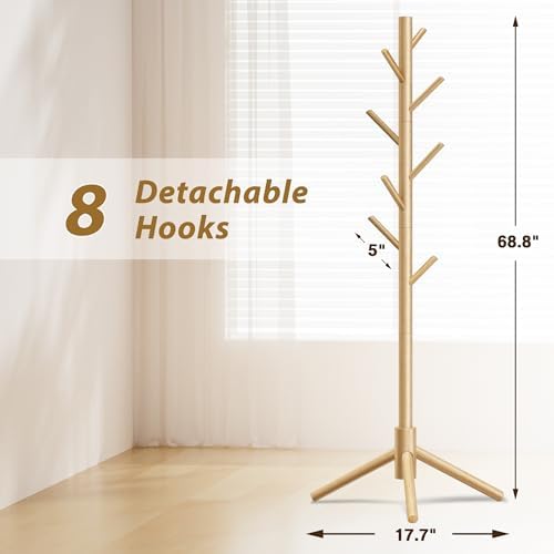 8-Hook Freestanding Coat Rack 3 Adjustable Heights Nature 2PCS - Image 4