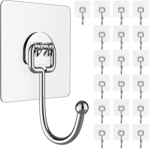 Large Adhesive Hooks for Hanging Heavy-Duty 44Ib(Max) 20 Packs, Wall Hangers without Nails Self-Adhesive Traceless Clear and Removable, Waterproof and Rustproof Multiple Uses for Bathroom Kitchen Home by Latoxcaa-SpaceMaster