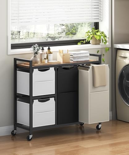 HOOBRO Laundry Sorter with 4 Section, 39 Gal. (147 L) Laundry Hamper with Wheels, Rolling Laundry Basket with Shelf, Pull-Out Detachable Bags, Side Pockets, Rustic Brown, Black and Beige BFE14XY01N1 - Image 2