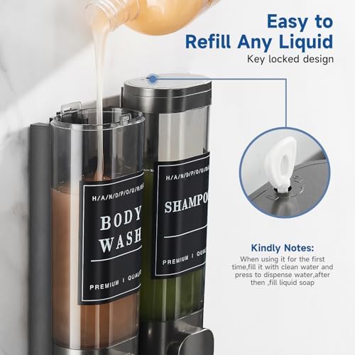 Shampoo and Conditioner Dispenser Shower Soap Dispenser 2 Chamber for Shampoo and Conditioner - No Drill, Large Capacity Bathroom Dispenser for Hotel - Gun Gray - Image 5
