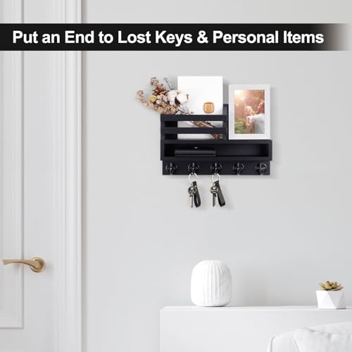Key and Mail Holder Wall Mount, Key Hanger with Long Storage Box and 5 Hooks for Coat, Dog Leash, Home Decor Rack, House Accessories, Entry Way Organizer 11.8”W x 7.8”H x 3.2”D - Image 3