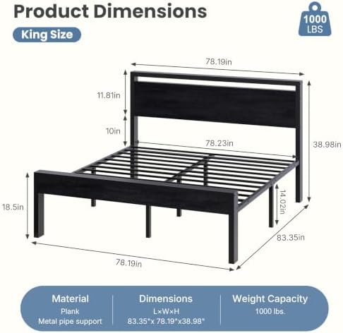 Sweetcrispy 14 Inch King Size Metal Bed Frame with Wood Headboard, Black - Image 2