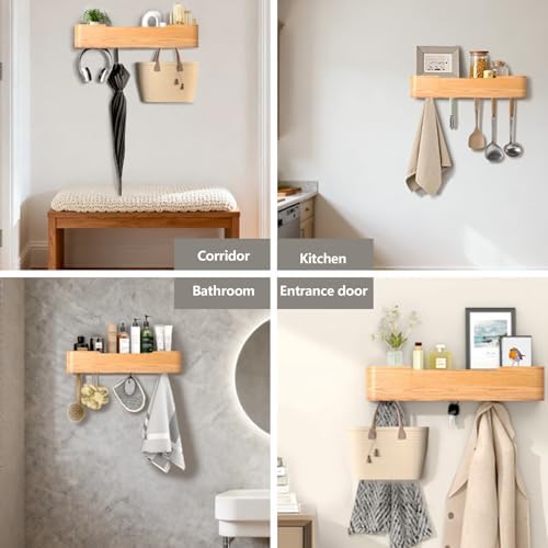 Wall Mounted Coat Rack with Shelf, Wooden Entryway Organizer with Hidden Metal Hooks for Hanging Coats Bags Keys, Modern Floating Shelf for Hallway Bathroom (Oak, 5 Hooks) - Image 5