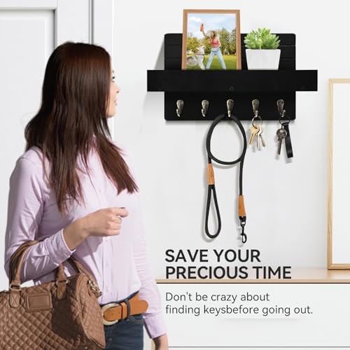 Key Holder Wall Mount, Decorative Key Rack with Shelf & 5 Sturdy Hooks, Rustic Key Hooks for Wall for Mail Organizer Hanging Dog Leash, Glasses, Wooden Key Hanger with Mounting Hardware - Image 3
