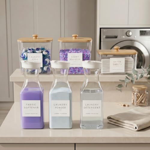 3+3 Pack Laundry Pods Containers & Dryer Sheet Holder & Laundry Detergent Dispenser, Laundry Room Organization and Storage Jars with Lids, Labels and Scoops for Scent Booster, Powder, Pods - Image 5