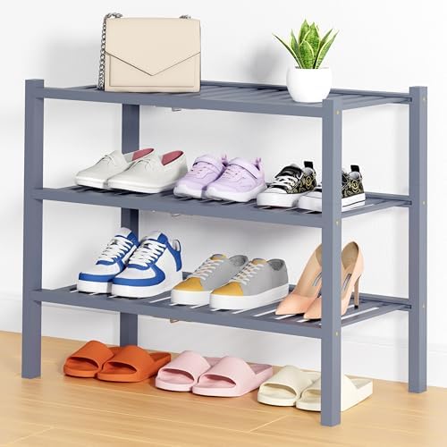 Smiry Bamboo Shoe Rack, 14 Vertical Slats, 3 Tier - 26.8" Wide, Grey by Smiry