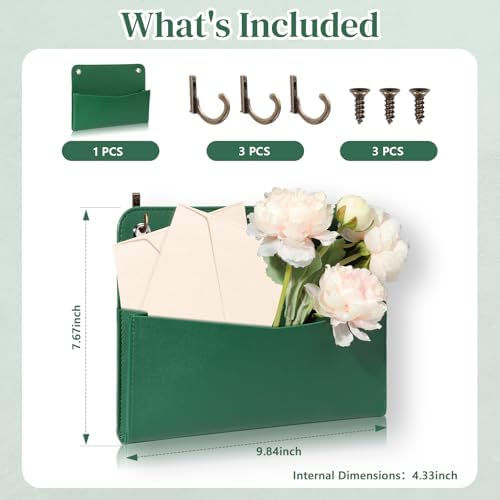 Wall Mount Green Faux Leather PU Leather Mail Holder Letter Holder Stylish Wall Hanging Mail Storage 2 Ring 9.8" x 7.7" x 1.4" File Organizer for Flowers Envelope Key Notebooks Home Office Decor - Image 2
