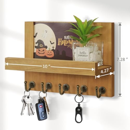 HONJIN Farmhouse Wall Key Holder for Wall : Holiday Card Slot Design Wooden Mail Organizer Wall Mount Dog Leashes Holder Hanger (Light Brown) - Image 7