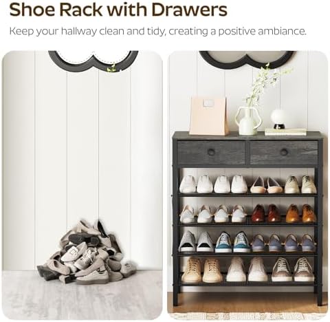 YATINEY 5 Tier Shoe Rack, Large Capacity Shoe Storage Organizer, Metal Shoe Shelf with Drawer and Wooden Top, for 20 Pairs of Shoes, for Entryway, Closet, Charcoal and Black SS25BCY1 - Image 5